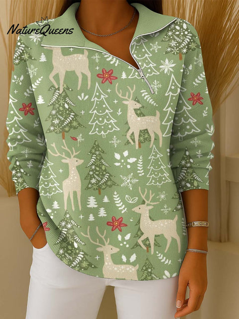 Women's Christmas Print Lapel Long Sleeve Casual Loose Pullover Sweater