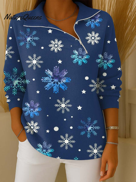 Women's Christmas Print Lapel Long Sleeve Casual Loose Pullover Sweater