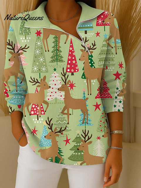 Women's Christmas Print Lapel Long Sleeve Casual Loose Pullover Sweater