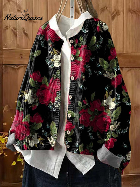 Women's Floral Print Crew Neck Long Sleeve Casual Loose Cardigan Sweater