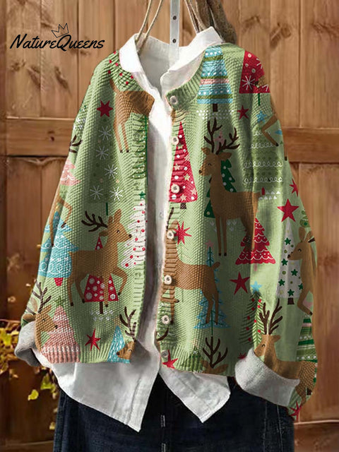 Women's Christmas Print Crew Neck Long Sleeve Casual Loose Cardigan Sweater