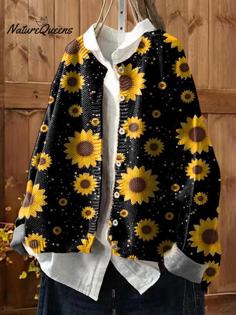 Women's Sunflower Print Crew Neck Long Sleeve Casual Loose Cardigan Sweater
