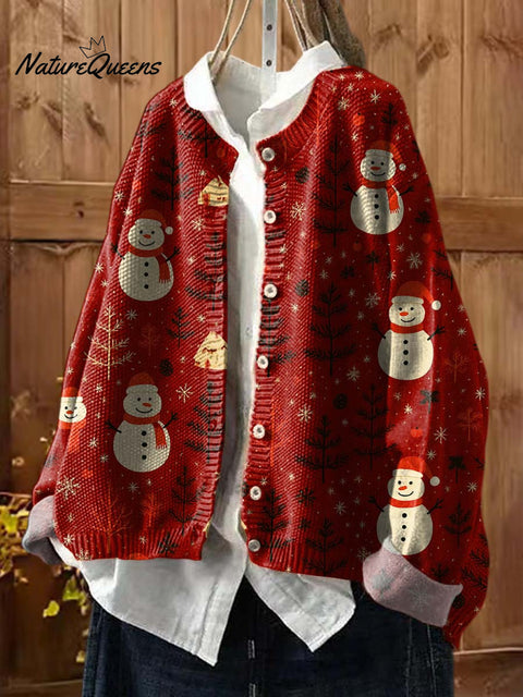 Women's Christmas Print Crew Neck Long Sleeve Casual Loose Cardigan Sweater