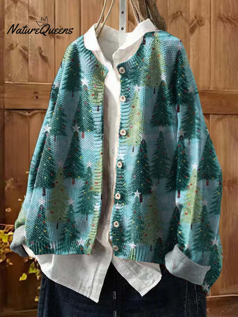 Women's Christmas Print Crew Neck Long Sleeve Casual Loose Cardigan Sweater