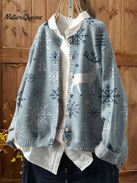 Women's Christmas Print Crew Neck Long Sleeve Casual Loose Cardigan Sweater