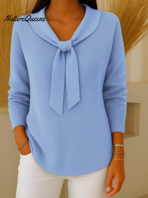 Women's Solid Color Lapel Tie Long Sleeve Casual Loose Sweater