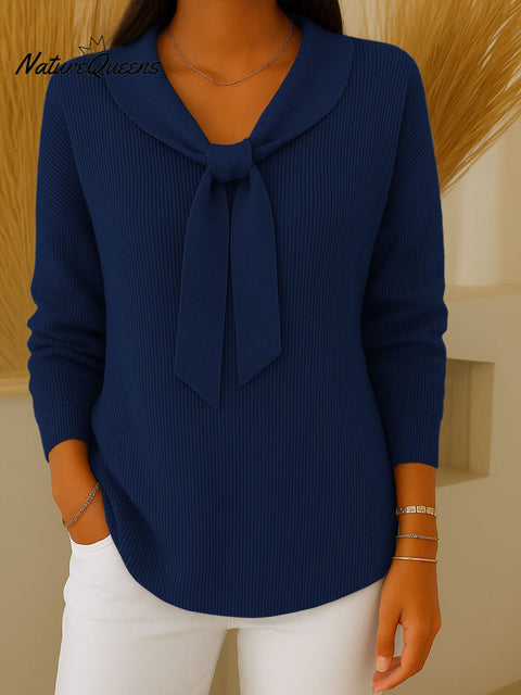 Women's Solid Color Lapel Tie Long Sleeve Casual Loose Sweater