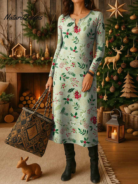 Women's Floral Print Round Neck Long Sleeve Casual Loose Knit Dress