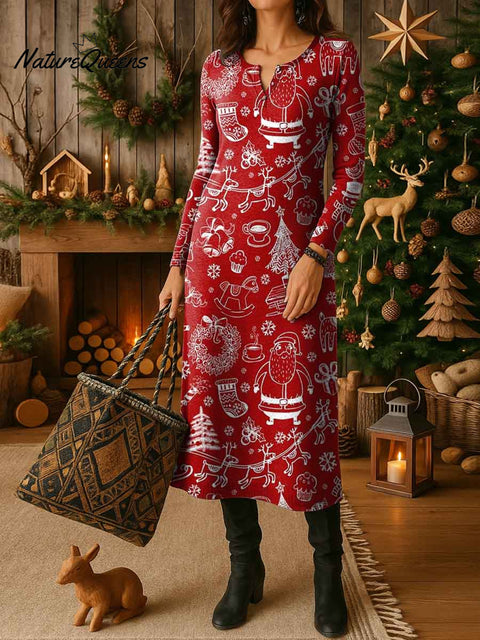 Women's Christmas Print Crew Neck Long Sleeve Casual Loose Knit Dress