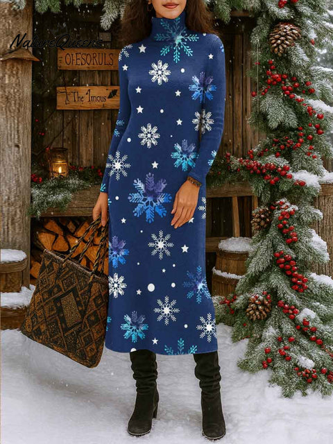 Women's Christmas Print Turtleneck Long Sleeve Casual Loose Knit Dress