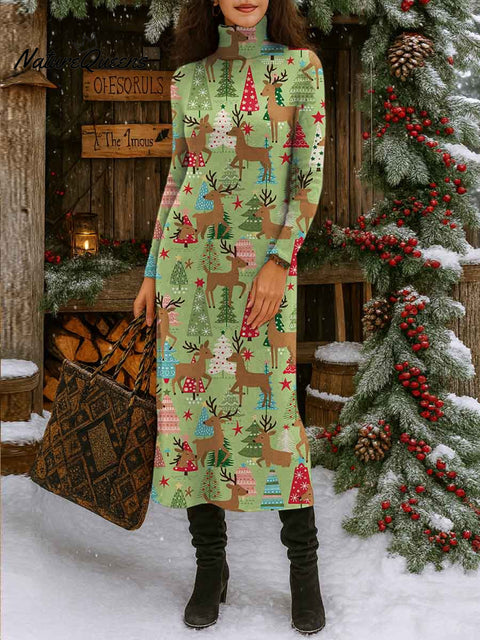 Women's Christmas Print Turtleneck Long Sleeve Casual Loose Knit Dress