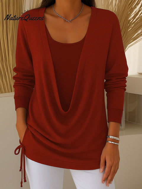 Women's Solid Color Swing Collar Long Sleeve Fake Two-Piece Knit Top