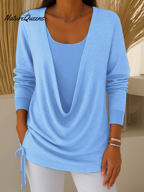 Women's Solid Color Swing Collar Long Sleeve Fake Two-Piece Knit Top