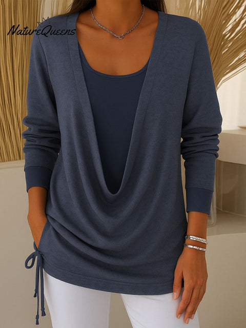 Women's Solid Color Swing Collar Long Sleeve Fake Two-Piece Knit Top