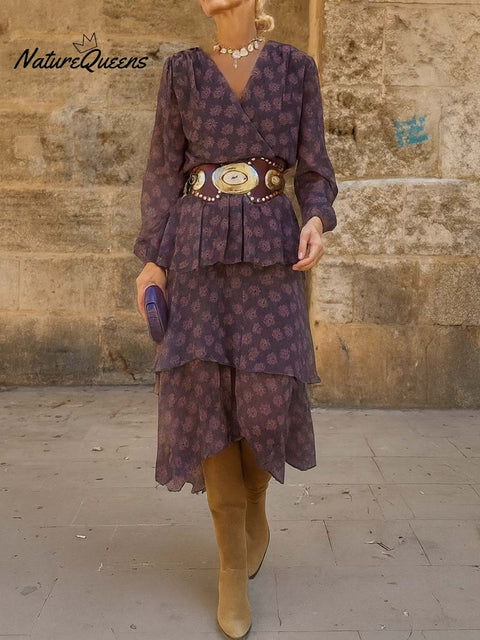 Women's Retro Geometric Pattern Print V-Neck Long Sleeve Casual Loose Dress