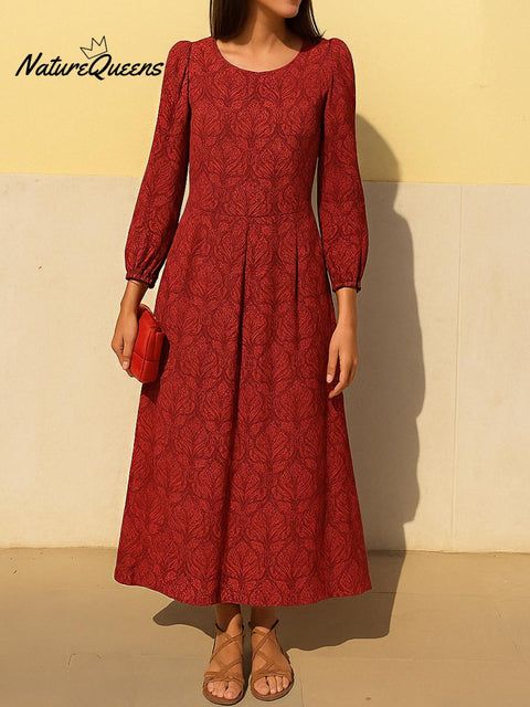 Women's Retro Geometric Pattern Print Round Neck Long Sleeve Casual Loose Dress
