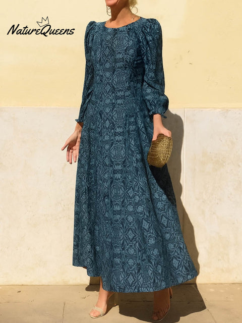 Women's Retro Geometric Pattern Print Round Neck Long Sleeve Casual Loose Dress