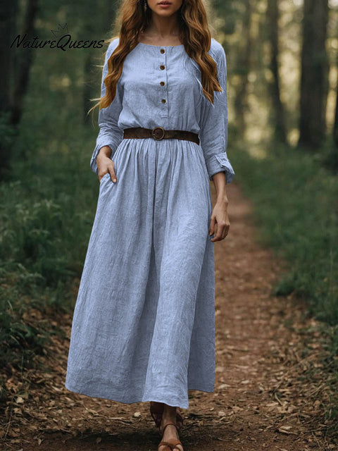 Women's Solid Color Round Neck Long Sleeve Casual Loose Cotton and Linen Dress