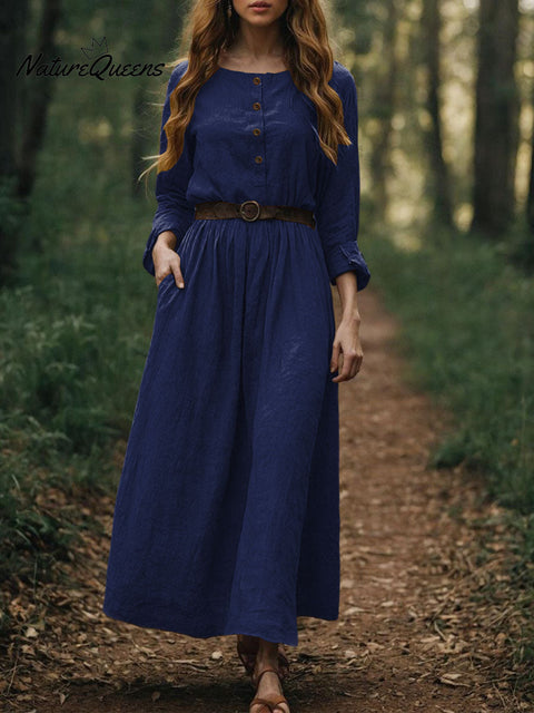 Women's Solid Color Round Neck Long Sleeve Casual Loose Cotton and Linen Dress