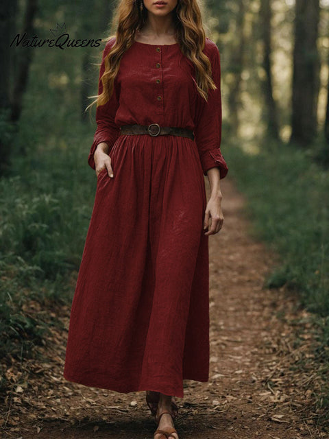Women's Solid Color Round Neck Long Sleeve Casual Loose Cotton and Linen Dress