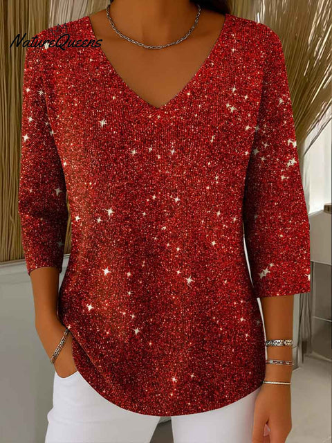 Women's Simple Printed V-Neck 3/4 Sleeves Casual Loose Knitted Pullover