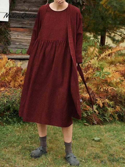 Women's Solid Color Casual Cotton Cardigan Vest Dress Two-Piece Set