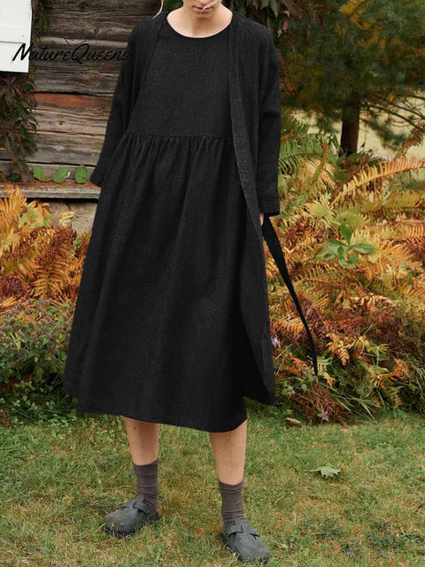 Women's Solid Color Casual Cotton Cardigan Vest Dress Two-Piece Set