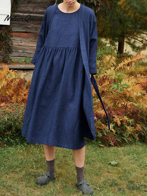 Women's Solid Color Casual Cotton Cardigan Vest Dress Two-Piece Set