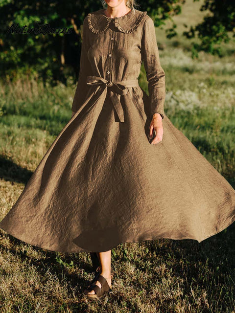 Women's Solid Color Lapel Long Sleeve Casual Loose Cotton and Linen Dress