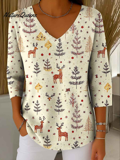 Women's Christmas Print V-Neck 3/4 Sleeve Casual Loose Knit Pullover