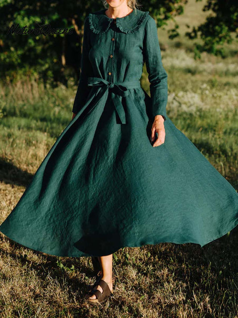 Women's Solid Color Lapel Long Sleeve Casual Loose Cotton and Linen Dress