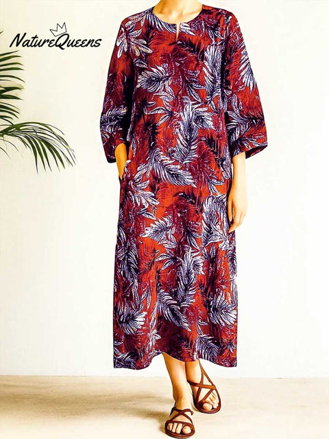 Women's Retro Leaf Print V-Neck 3/4 Sleeve Casual Loose Cotton and Linen Dress