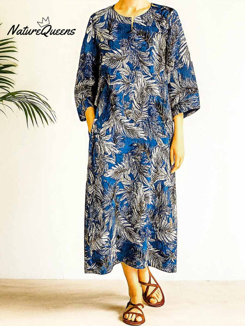 Women's Retro Leaf Print V-Neck 3/4 Sleeve Casual Loose Cotton and Linen Dress