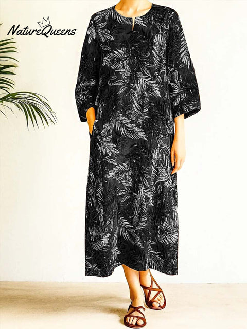 Women's Retro Leaf Print V-Neck 3/4 Sleeve Casual Loose Cotton and Linen Dress