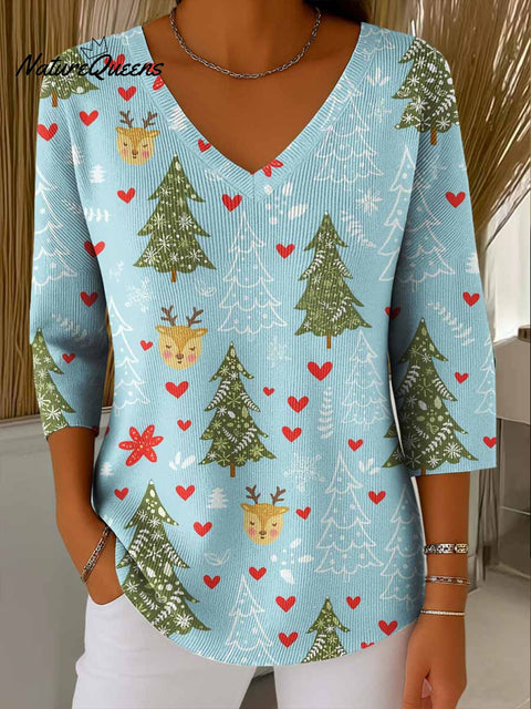 Women's Christmas Print V-Neck 3/4 Sleeve Casual Loose Knit Pullover