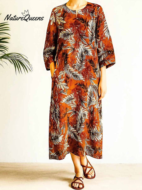 Women's Retro Leaf Print V-Neck 3/4 Sleeve Casual Loose Cotton and Linen Dress