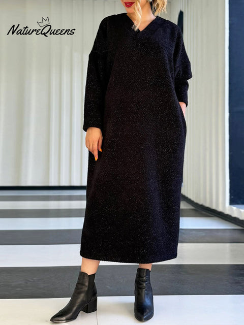 Women's Solid Color V-Neck Long Sleeve Casual Loose Knitted Dress