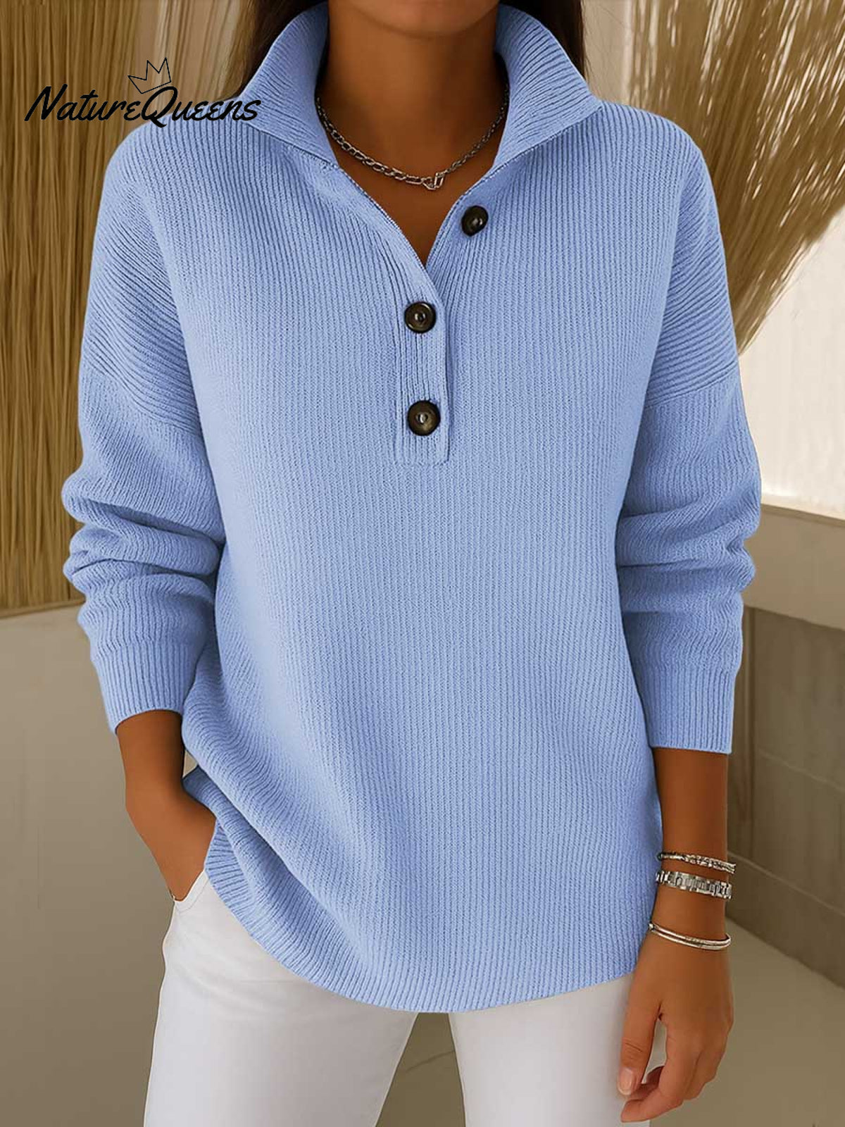 Women's Solid Color Stand Collar Long Sleeve Casual Loose Knit Pullover