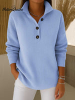 Women's Solid Color Stand Collar Long Sleeve Casual Loose Knit Pullover
