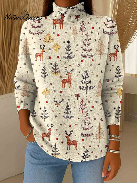 Women's Christmas Print Turtleneck Long Sleeve Casual Loose Knit Sweater