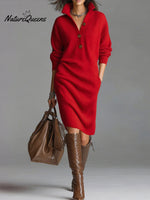 Women's Solid Color Stand Collar Long Sleeve Casual Loose Knitted Dress
