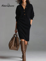 Women's Solid Color Stand Collar Long Sleeve Casual Loose Knitted Dress