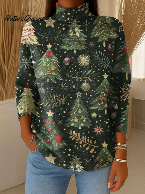 Women's Christmas Print Turtleneck Long Sleeve Casual Loose Knit Sweater