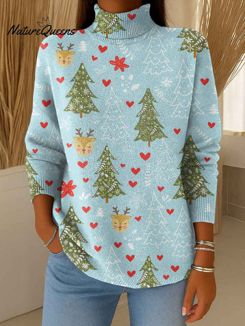 Women's Christmas Print V-Neck 3/4 Sleeve Casual Loose Knit Pullover