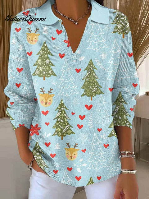 Women's Christmas Print Lapel Long Sleeve Casual Loose Knit Sweater