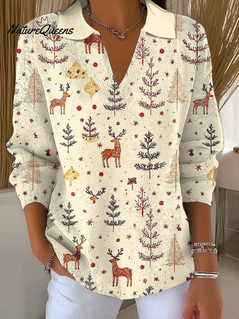 Women's Christmas Print Lapel Long Sleeve Casual Loose Knit Sweater