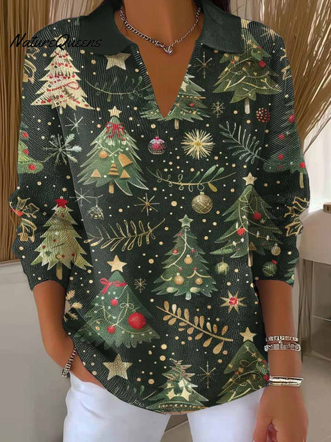 Women's Christmas Print Lapel Long Sleeve Casual Loose Knit Sweater