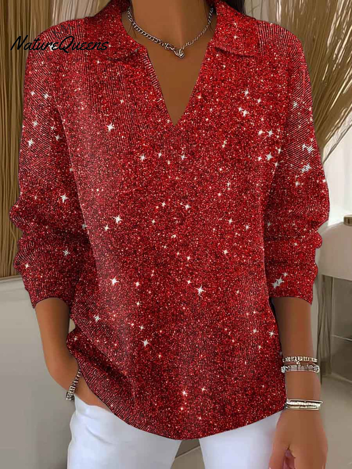Women's Christmas Print Lapel Long Sleeve Casual Loose Knit Sweater