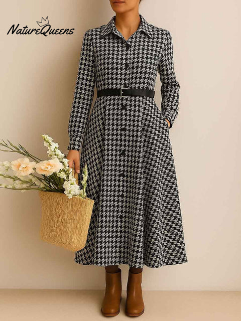 Women's Plaid Print Lapel Long Sleeve Casual Loose Cotton and Linen Shirt Dress