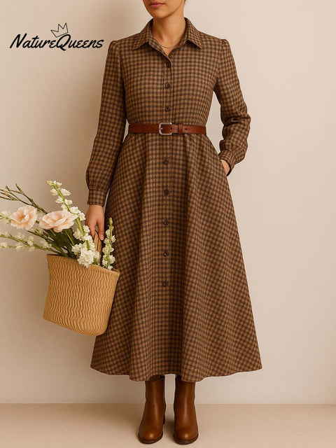 Women's Plaid Print Lapel Long Sleeve Casual Loose Cotton and Linen Shirt Dress